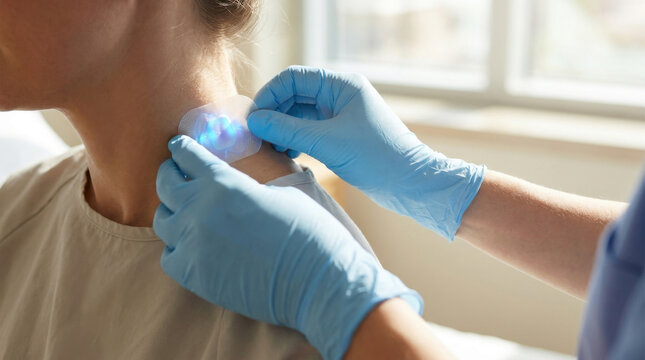 Wearable respiratory monitor on neck close up, medical sensor attached by gloved hands in clinic