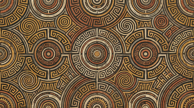 Ancient tribal spiral pattern background with geometric greek fret and labyrinth motifs in earthy ochre tones.