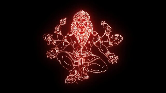 Lord Narasimha symbol with glowing red neon light path effect on plain black background