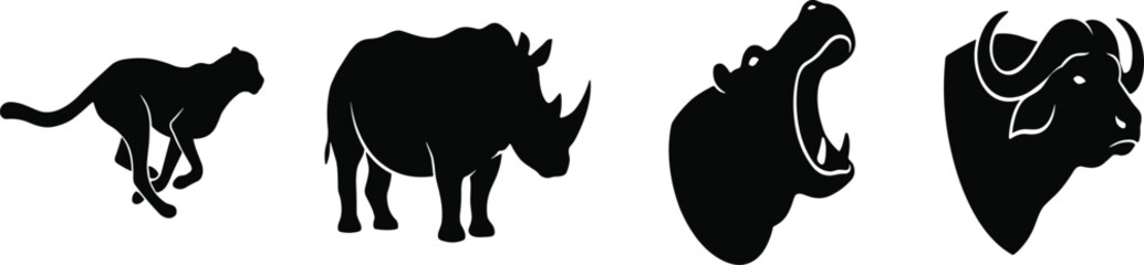 African safari wild animals black silhouette set with cheetah rhinoceros hippopotamus and buffalo on white background © Mdjoshelahamed4400 