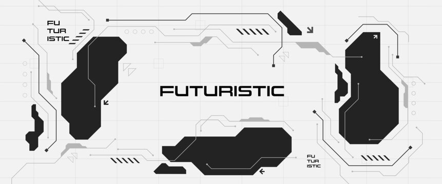 Abstract futuristic background featuring sci fi interface, HUD frame, geometric technology elements, and modern digital layout in a minimal vector design.