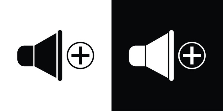 Decrease volume icon set. Black and white speaker illustration with a minus sign representing sound reduction, lower audio level, quiet control.