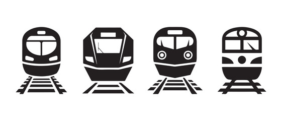 Set of black train icons showing front view of modern locomotives on railway tracks in flat style. © Safali