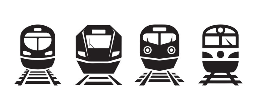 Set of black train icons showing front view of modern locomotives on railway tracks in flat style.