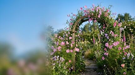 Naklejka premium Romantic wooden garden archway covered in pink cosmos flowers at sunset