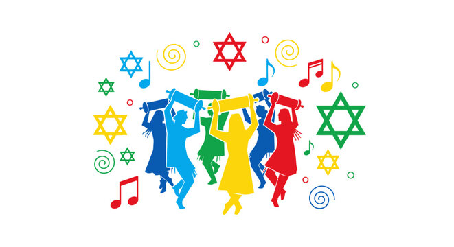Colorful illustration of Jewish people dancing with Torah scrolls during Simchat Torah celebration.