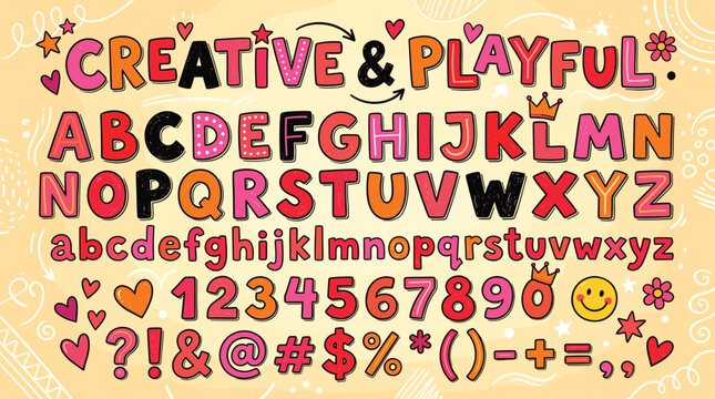 Creative and playful alphabet vector set, colorful hand drawn bubble font with numbers and symbols, cute doodle typography for kids design