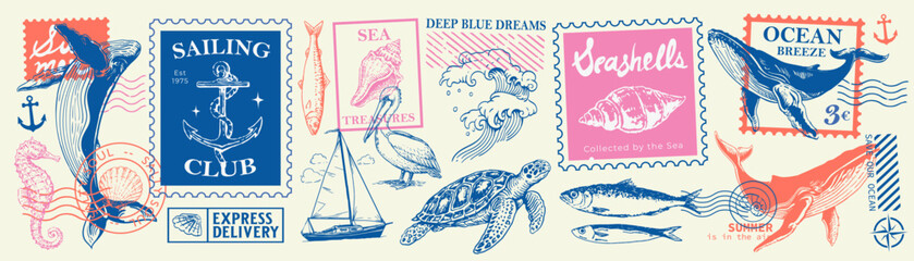 Vintage ocean postage stamp collection with whales, sea turtle, sailboat, pelican, seashells, fish, anchor and coastal elements. Retro marine vector set for stickers, branding, packaging  © Andrey