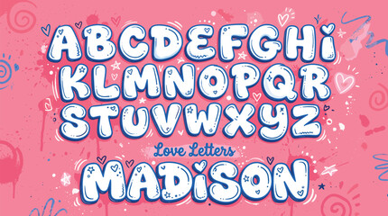 Bubble graffiti alphabet vector, cute cartoon love letters with hearts, pink street art font for kids birthday cards and posters © Iconify Studio
