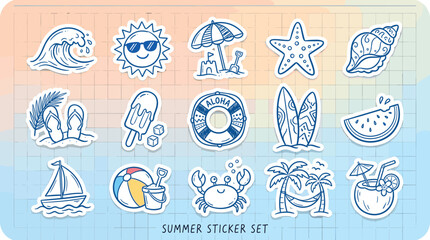 Summer sticker set with 15 blue line art icons, beach vacation doodle vector elements, tropical holiday illustrations for scrapbooking and planners © Iconify Studio