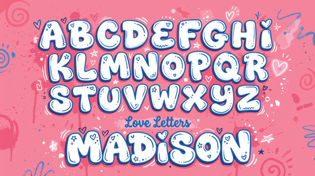 Bubble graffiti alphabet vector, cute cartoon love letters with hearts, pink street art font for kids birthday cards and posters