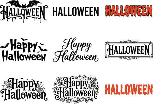 Halloween greeting text labels and phrases with various designs and typography