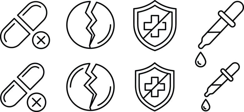 Medical and Pharmaceutical Line Icon Set Showing Prohibited Capsules Broken Pills Health Immunity Protection Shield and Pipette Dropper Chemical Laboratory Research Graphic Elements
