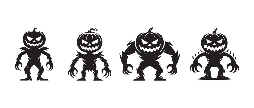 Set of Scary Pumpkin Monster Silhouettes Standing in a Dark Minimalist Vector Illustration Style.