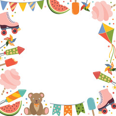 Fototapeta premium Cute frame with summer festival or amusement park elements. Border of cotton candy, roller skates, kites, fireworks rockets, pinwheels, bunting flags, popsicles, watermelon slices
