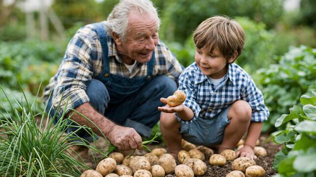 Grandfather and boy harvesting potatoes in vegetable garden, sharing simple hands‑on moment close to nature, child showing funny misshapen potato, symbol of slow life, unplugged living and know-how