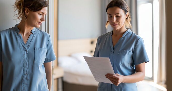 Two nurses reviewing patient chart indoors