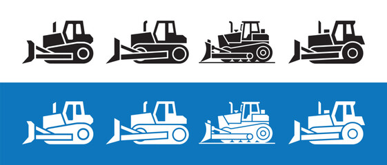 Set of Bulldozer Icons and Illustrations in Black and White. © Safali
