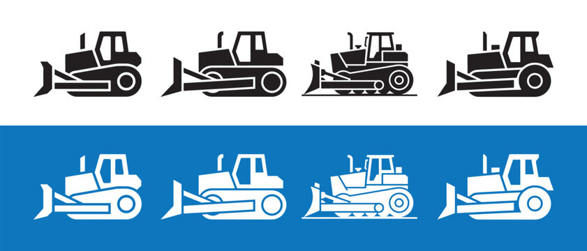 Set of Bulldozer Icons and Illustrations in Black and White.