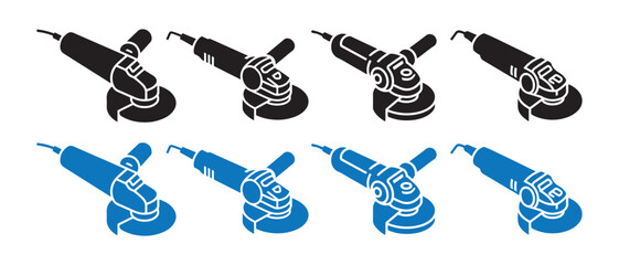Set of angle grinder icons featuring industrial power tools in a minimalist flat vector style. © Safali
