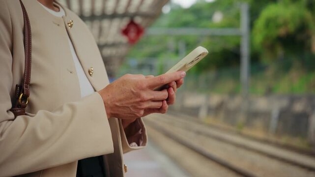 Closeup of a woman in a jacket using her mobile phone while waiting for a train on a station platform. Public transport and technology concept.