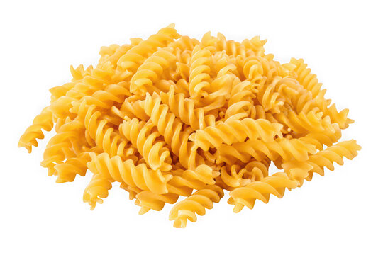 A pile of raw dry fusilli pasta noodles isolated on transparent background