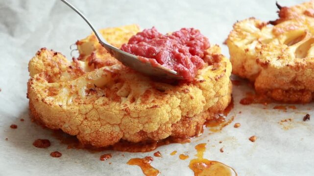 Close Up of Pouring Red Tomato Sauce on Golden Roasted Cauliflower Sheet Pan
