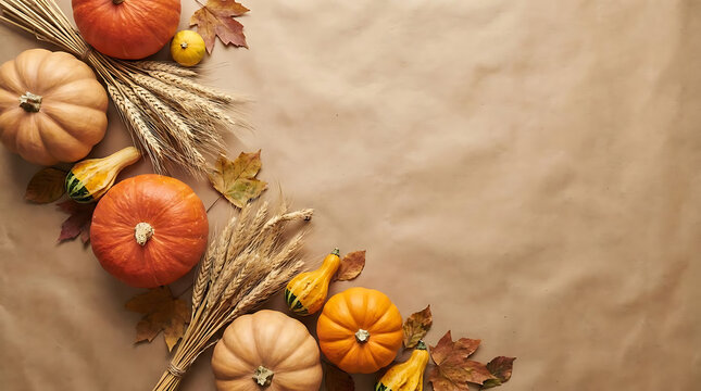 Autumn harvest assortment of pumpkins gourds and grains with leaves