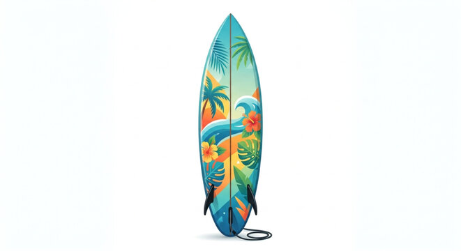 Tropical floral pattern surfboard isolated on white background
