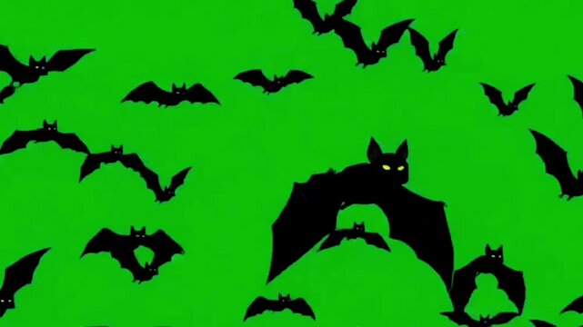 Cartoon Bats Swarm Flying with Glowing Eyes on Green Screen Chroma Key