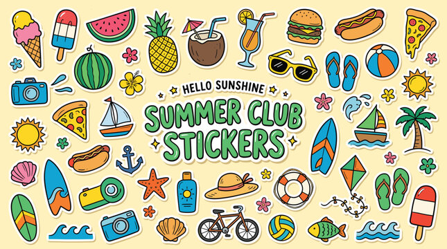 Summer Club Stickers collection, colorful hand drawn beach vacation doodles, tropical holiday icons set in flat vector style