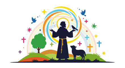 Fototapeta premium Saint Francis of Assisi with a lamb and bird illustration.