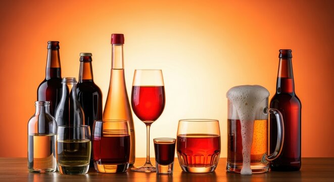 Assorted alcoholic drinks including wine beer and spirits on a sunset background
