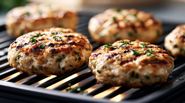 Turkey patties grilling on a hot barbecue displaying prominent grill marks and fresh herbs, preparing a healthy and appetizing meal with delicious flavor