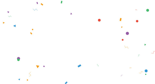 Abstract colorful geometric confetti background. scattered flying triangles dots zigzags lines, empty center layout. for playful kids event flyers, celebration festival banners. flat vector.