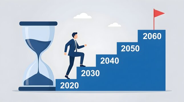 Man in suit walking up blue steps from 2020 to 2060 with hourglass and red flag timeline future goals concept