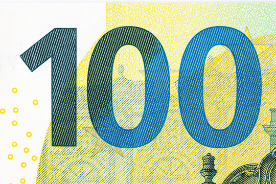 The image shows the front side of a 100 Euro banknote from the "Europa" series. The primary color of the bill is green.