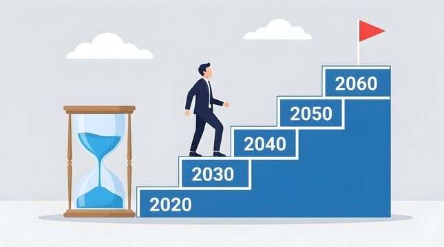 Man in suit walking up blue steps from 2020 to 2060 with hourglass and red flag timeline future goals concept