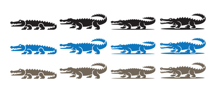 Set of crocodile icons featuring walking alligator silhouettes in a minimalist vector graphic style.