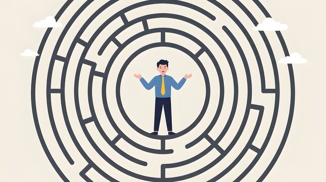 Man standing in center of circular maze with arms raised feeling lost confused trapped problem solving concept