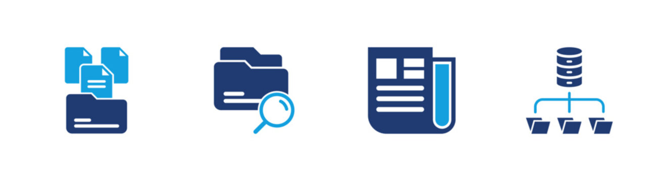 Knowledge base icon set. documentation, search, article, repository, information. solid style icon collection
