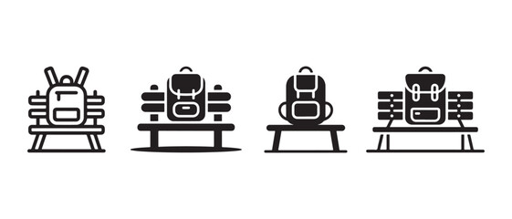 Backpack on Bench Icons Set Featuring Minimalist Vector Illustrations for Travel and Outdoor Themes. © Safali