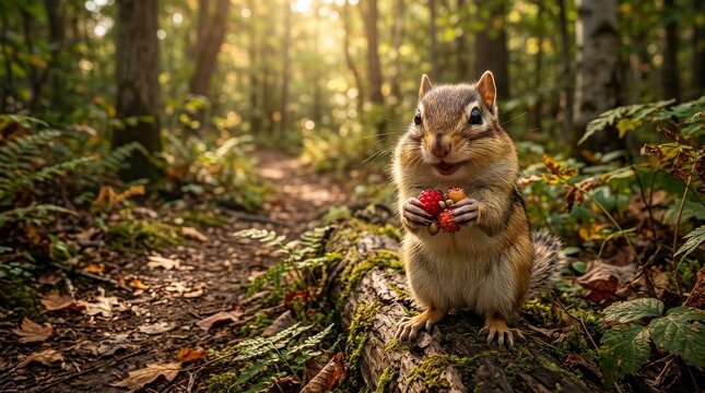 A cute chipmunk holding colorful berries in a sun-dappled forest.