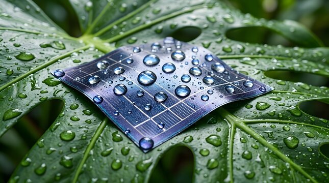 Small rectangular solar panel rests on a large vibrant green monstera leaf covered in many clear refreshing morning rain droplets