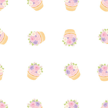 Seamless Floral Cupcake Pattern with Pastel Flowers for Wrapping Paper, Fabric and Packaging Design
