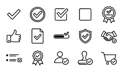 Approved Checkmark Outline Icons Pack with Checkbox and Verification Symbols © Roshana
