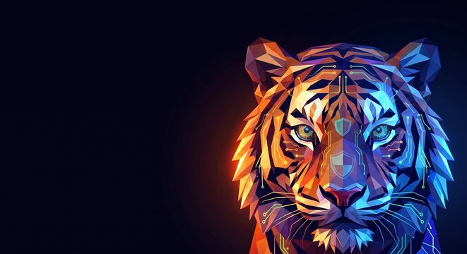 Generative AI low poly tiger face with glowing neon cyber circuits and security shield icons