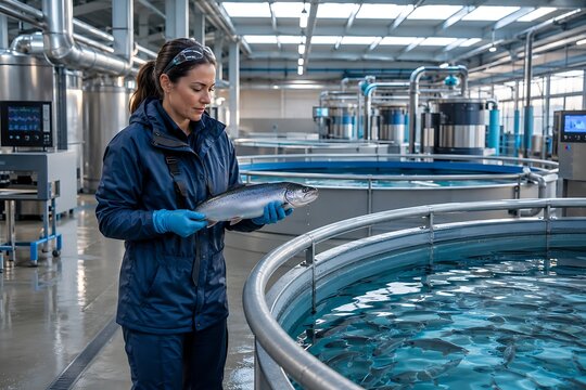 Aquaculture expert inspecting fish in a modern fish farming facility