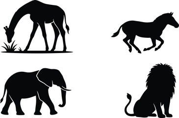 Black silhouette icons of African safari animals including giraffe zebra elephant and sitting lion © Mdjoshelahamed4400 