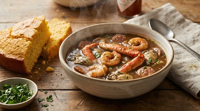 Steaming hot bowl of traditional Southern seafood gumbo with shrimp, crab legs, oysters, and sausage, served with fresh cornbread on a rustic wooden table.